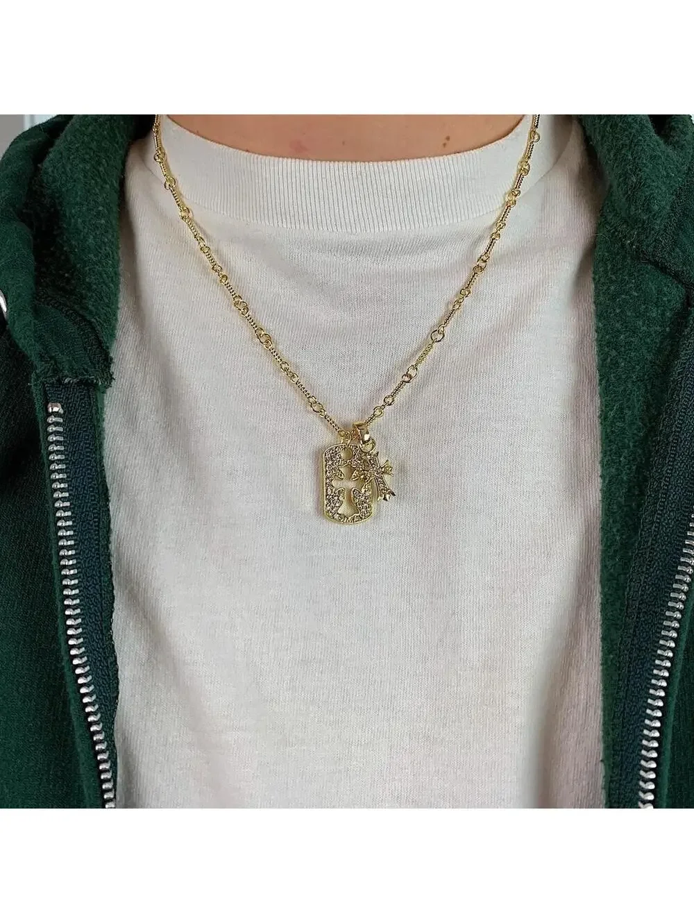 y2k 2000s style grunge gold chrome rhinestone cross dog tag style pendant
